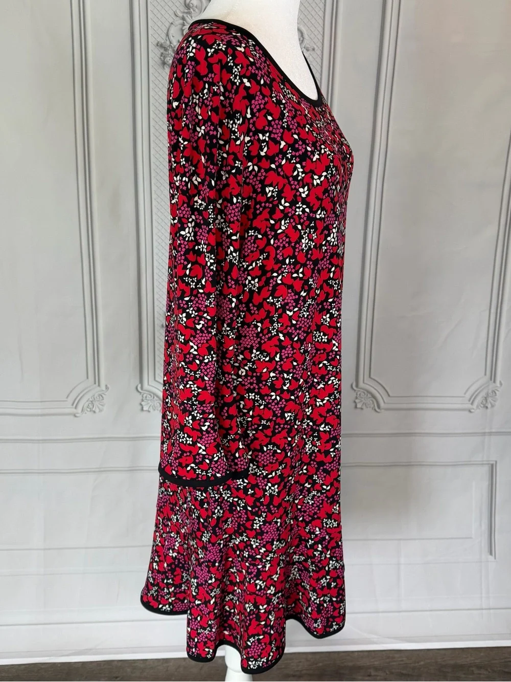 MICHAEL Michael Kors Red Floral Long Sleeve Shift Dress Sz L Black Trim Office